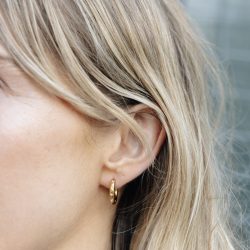 Gold Small Stone Embossed Hoop Earrings, Tarnish-Free Gold Plating