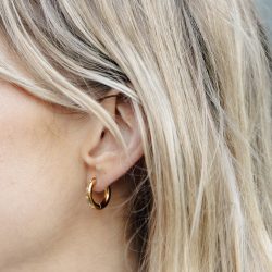 Gold Small Stone Embossed Hoop Earrings, Tarnish-Free Gold Plating