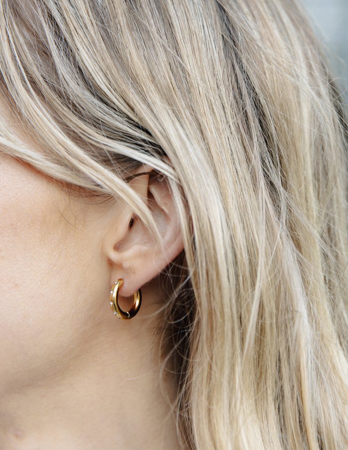 Gold Small Stone Embossed Hoop Earrings, Tarnish-Free Gold Plating