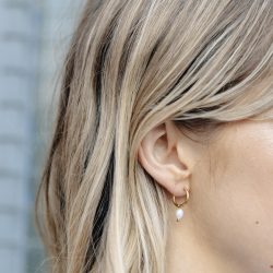 Gold Pearl Drop Hoop Earrings, Tarnish-Free Gold Plating