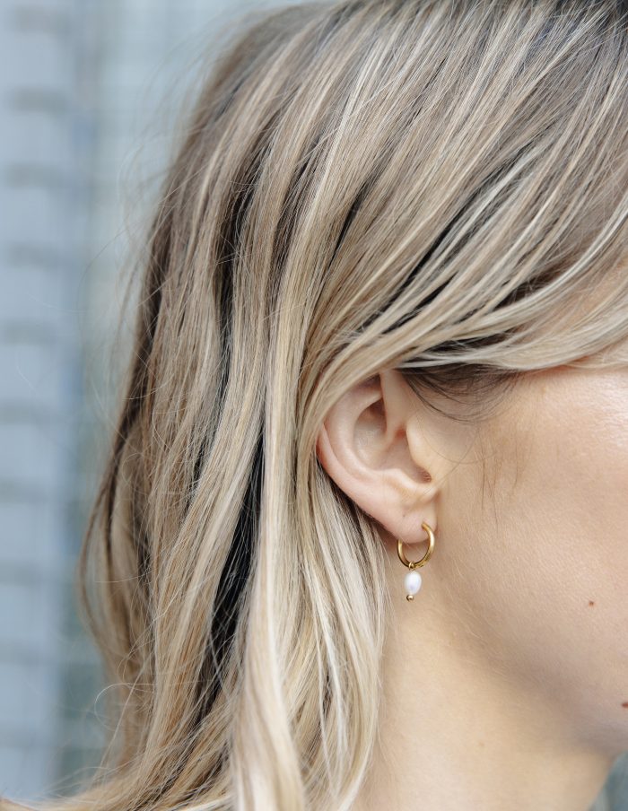 Gold Pearl Drop Hoop Earrings, Tarnish-Free Gold Plating