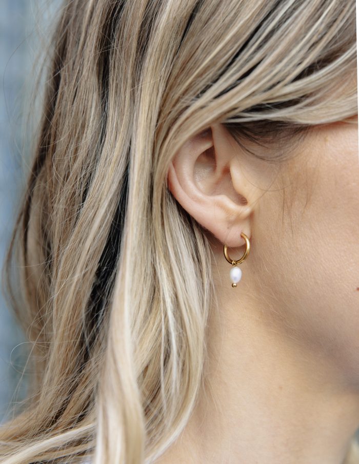 Gold Pearl Drop Hoop Earrings, Tarnish-Free Gold Plating