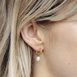 Gold Pearl Drop Hoop Earrings, Tarnish-Free Gold Plating