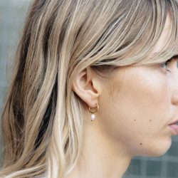 Gold Pearl Drop Hoop Earrings, Tarnish-Free Gold Plating