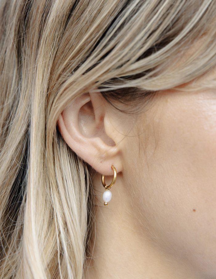 Gold Pearl Drop Hoop Earrings, Tarnish-Free Gold Plating