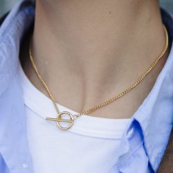 Gold Herringbone Toggle Chain Necklace, Tarnish-Free Gold Plating
