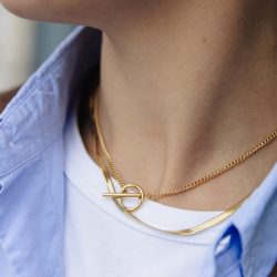 Gold Herringbone Toggle Chain Necklace, Tarnish-Free Gold Plating