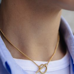 Gold Herringbone Toggle Chain Necklace, Tarnish-Free Gold Plating