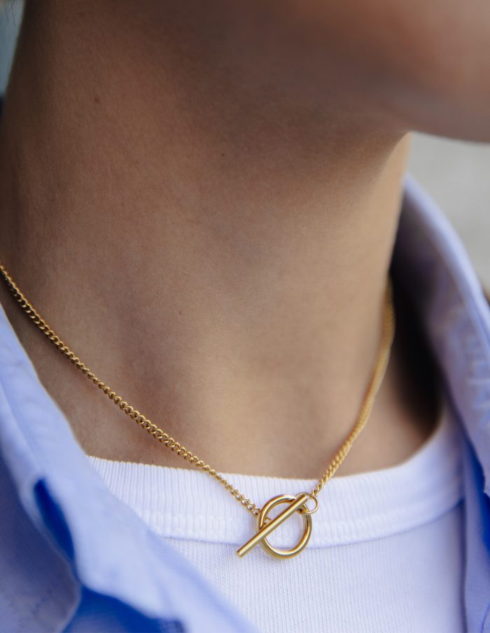 Gold Herringbone Toggle Chain Necklace, Tarnish-Free Gold Plating
