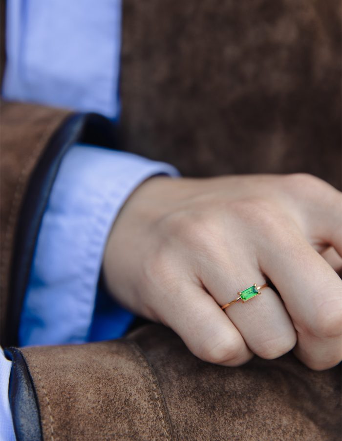 Dainty Rectangular Verdant Gemstone Ring, Tarnish-Free Gold Plating