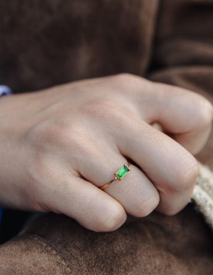 Dainty Rectangular Verdant Gemstone Ring, Tarnish-Free Gold Plating